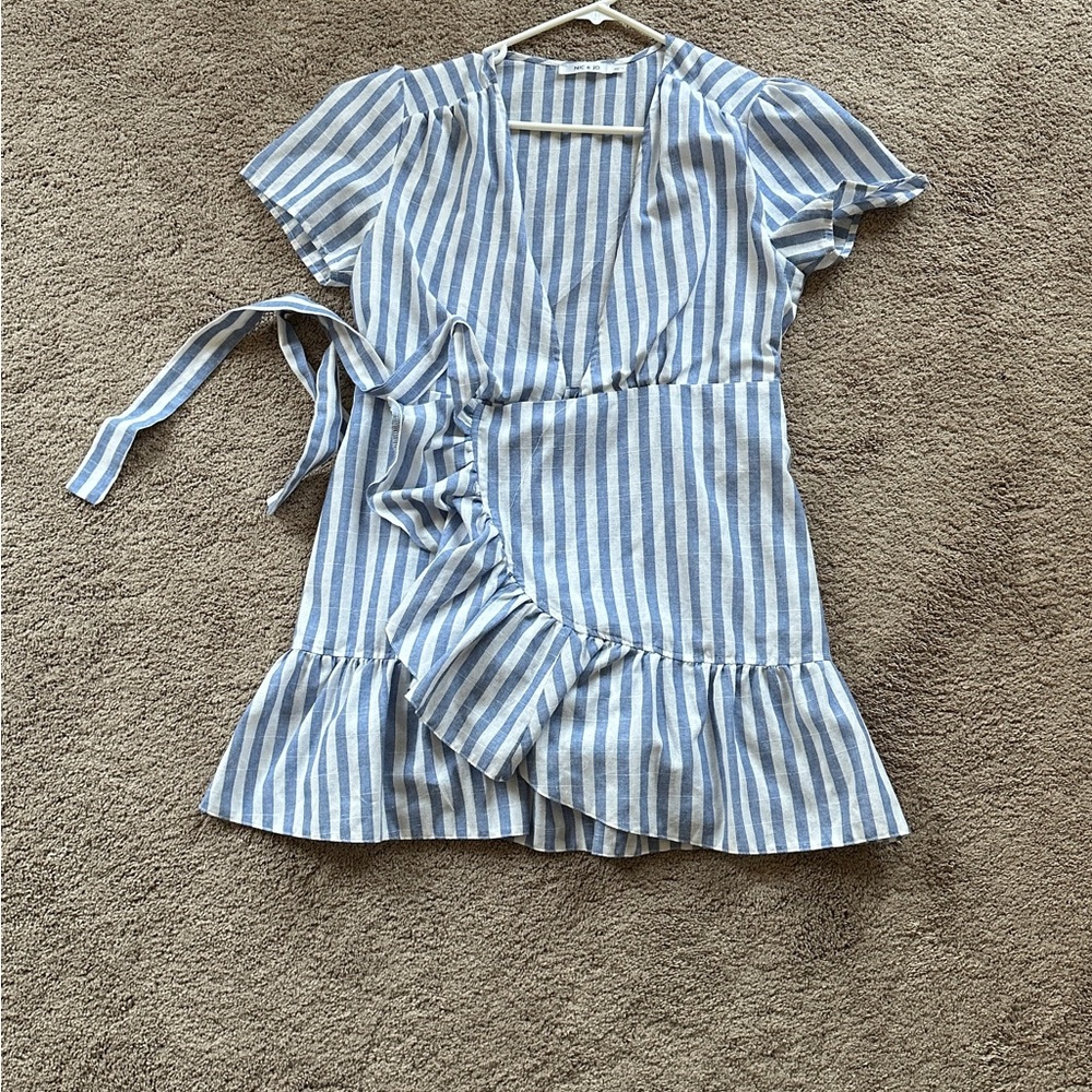 Blue and White Striped Wrap Dress